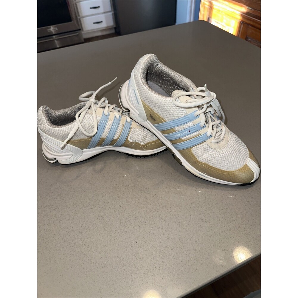 Size 8.5 - adidas Traxion Lite S White/ gold/ blue  women's golf shoes